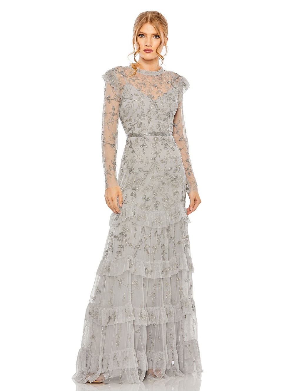 MAC DUGGAL 9237 FLORAL EMBELLISHED FLUTTER CAP LONG SLEEVE PLATINUM GOWN $798